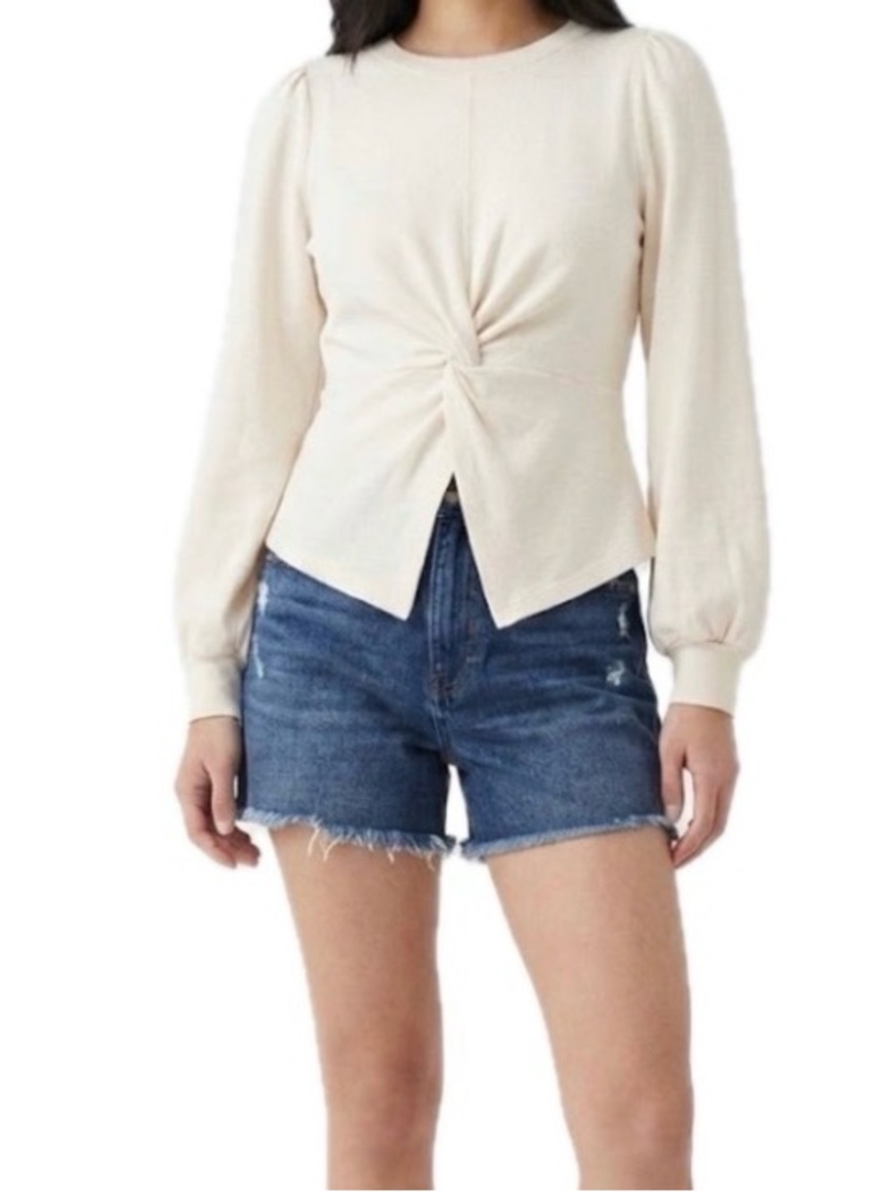 Anthropologie Pilcro Twist Front Cotton Pullover Small Puff Sleeve Cream
